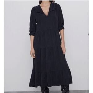 Zara Women’s XS Tiered Midi Dress Black V Neck Ruffle Flowy Boho Western EUC